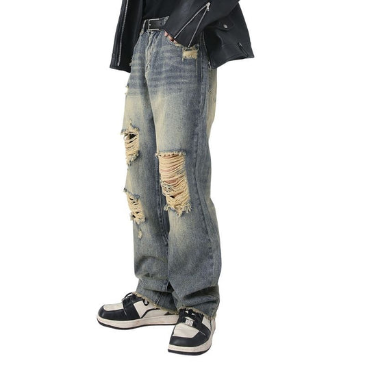 Men's Washed Ripped Jeans Distressed Straight Leg Hip Hop Denim Trousers