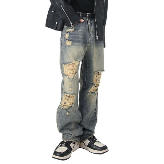 Men's Washed Ripped Jeans Distressed Straight Leg Hip Hop Denim Trousers