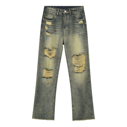 Men's Washed Ripped Jeans Distressed Straight Leg Hip Hop Denim Trousers