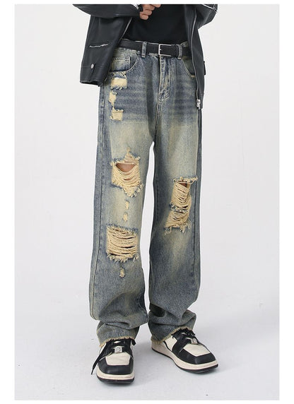 Men's Washed Ripped Jeans Distressed Straight Leg Hip Hop Denim Trousers