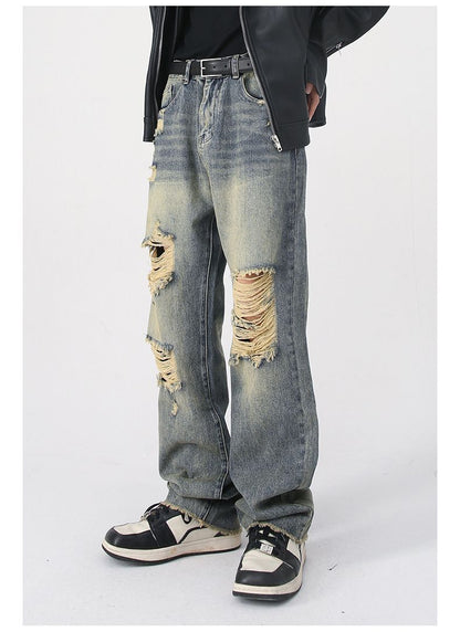 Men's Washed Ripped Jeans Distressed Straight Leg Hip Hop Denim Trousers