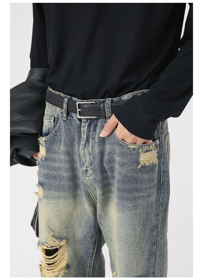 Men's Washed Ripped Jeans Distressed Straight Leg Hip Hop Denim Trousers