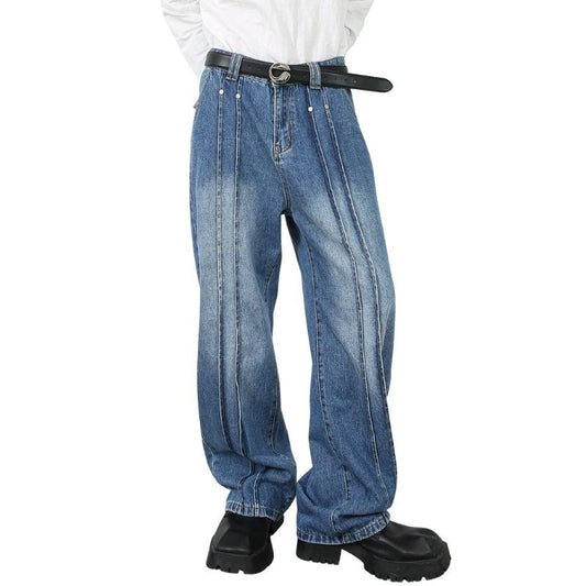Men’s Wide Leg Straight Baggy Jeans Mid-Rise Y2K Streetwear Denim Pants
