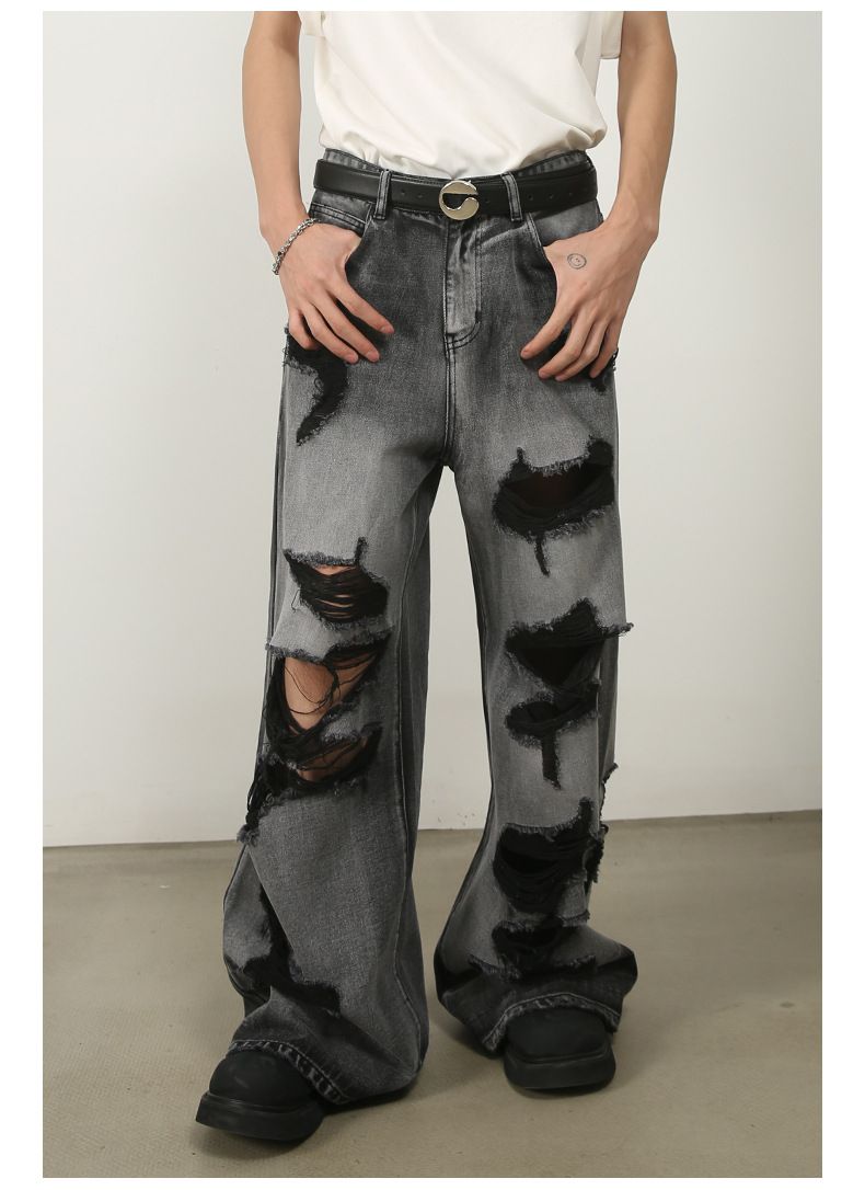 Men's Y2K Hip Hop Ripped Baggy Jeans Loose Fit Wide Leg Denim Streetwear Trousers