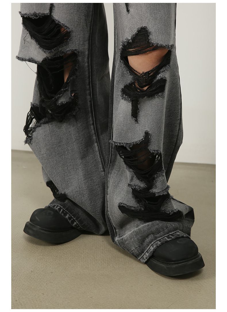 Men's Y2K Hip Hop Ripped Baggy Jeans Loose Fit Wide Leg Denim Streetwear Trousers