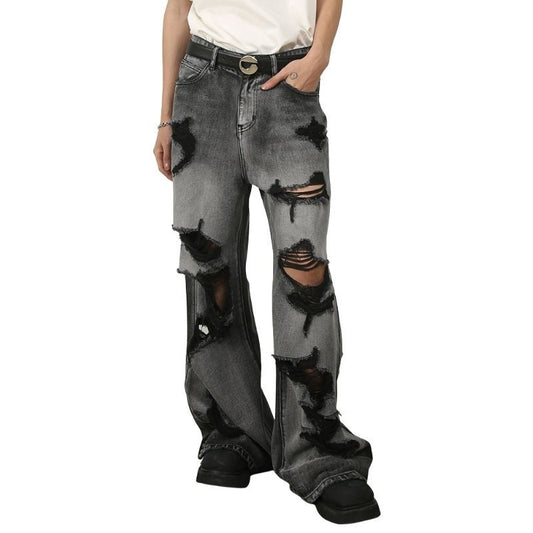 Men's Y2K Hip Hop Ripped Baggy Jeans Loose Fit Wide Leg Denim Streetwear Trousers