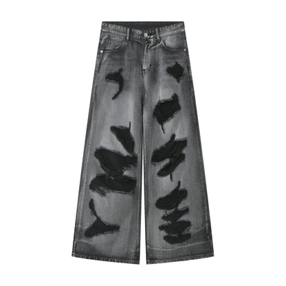 Men's Y2K Hip Hop Ripped Baggy Jeans Loose Fit Wide Leg Denim Streetwear Trousers