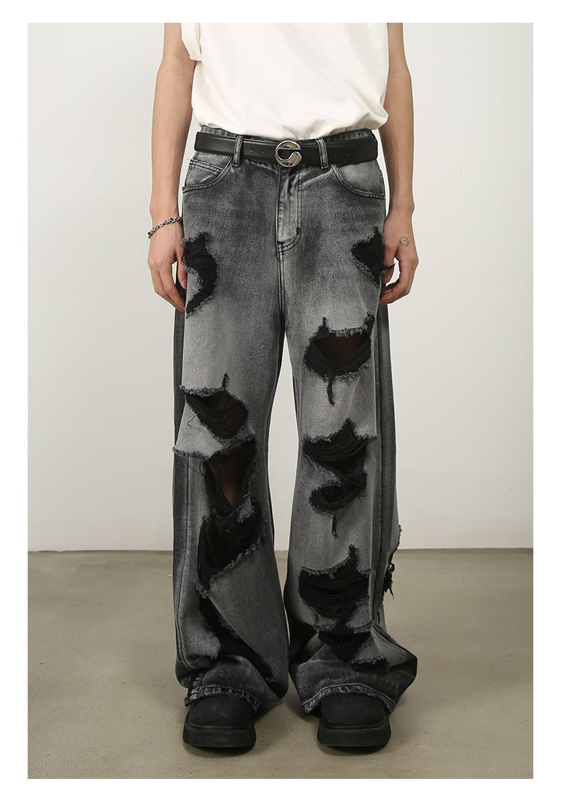 Men's Y2K Hip Hop Ripped Baggy Jeans Loose Fit Wide Leg Denim Streetwear Trousers