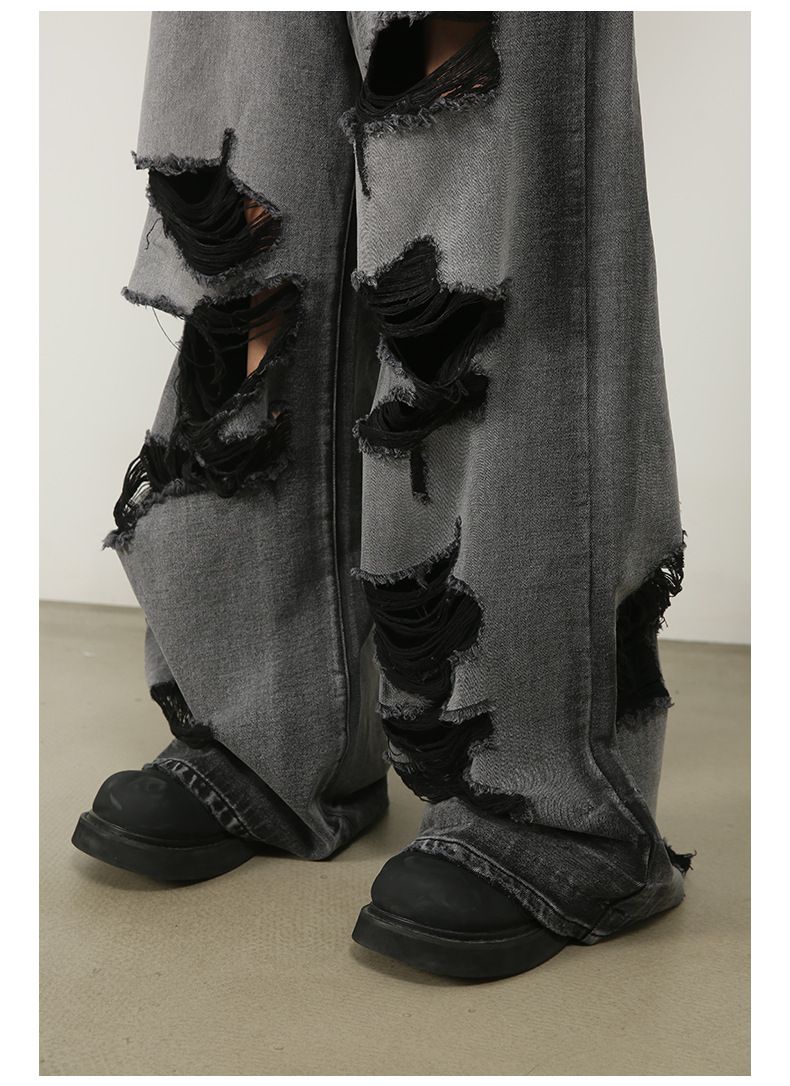 Men's Y2K Hip Hop Ripped Baggy Jeans Loose Fit Wide Leg Denim Streetwear Trousers