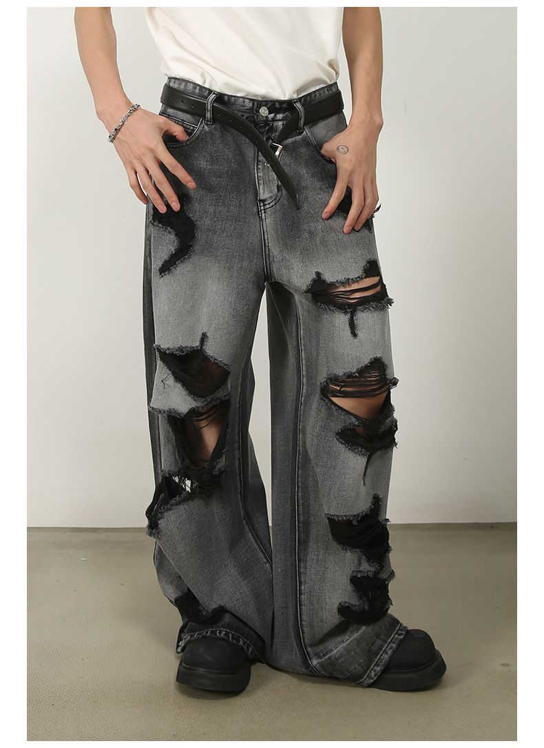 Men's Y2K Hip Hop Ripped Baggy Jeans Loose Fit Wide Leg Denim Streetwear Trousers