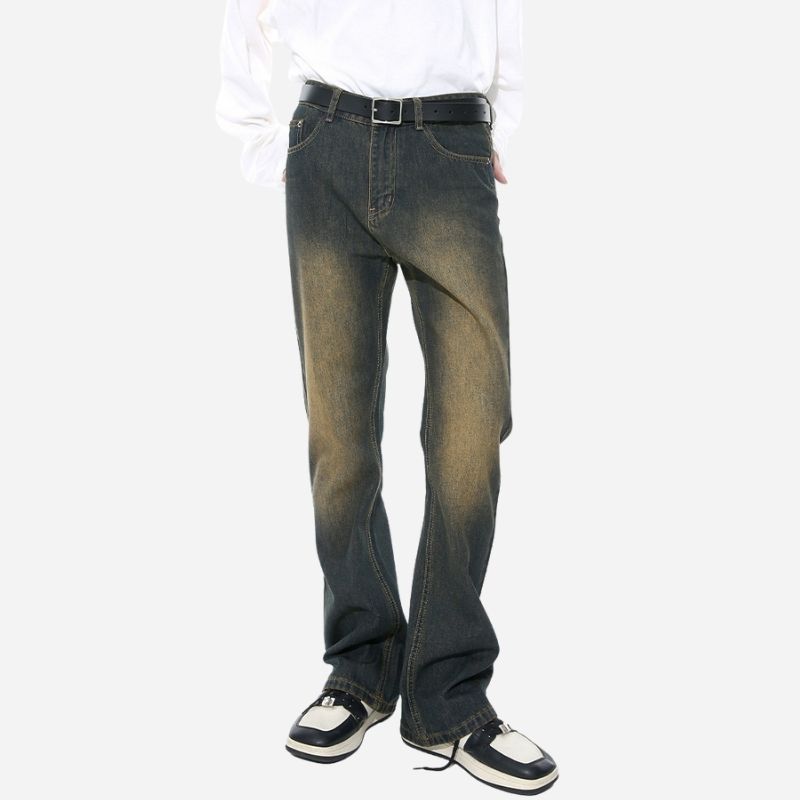 Men‘s Y2K Slim Bootcut Jeans Mid Rise Distressed Flare Denim