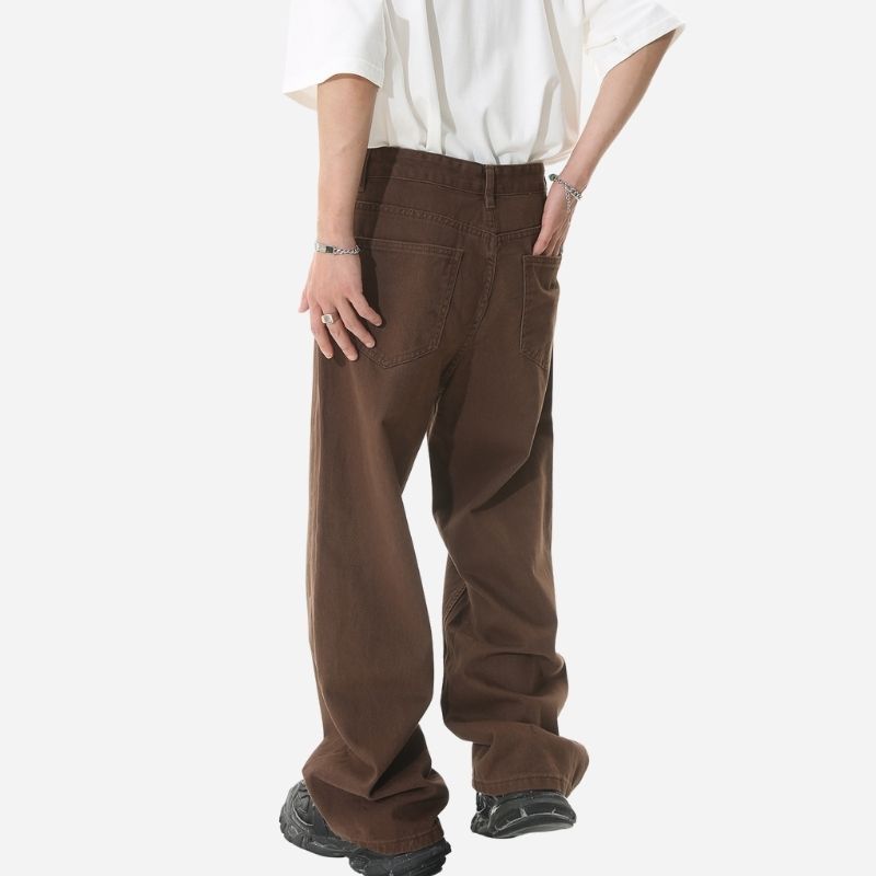 Men’s y2k straight leg baggy jeans loose fit wide denim in brown, back view