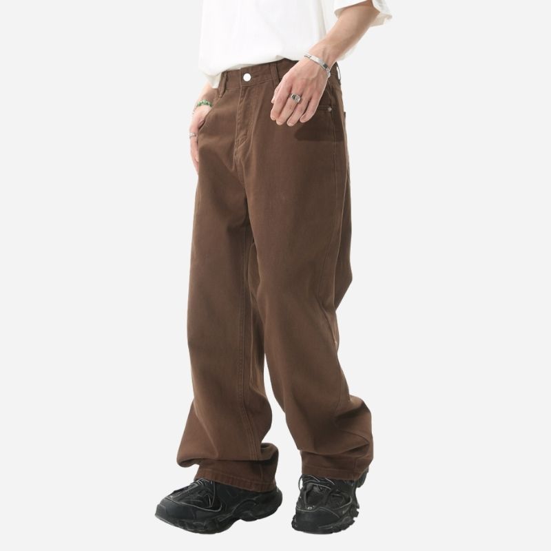 Men’s y2k straight leg baggy jeans loose fit wide denim in brown, side view