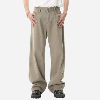 Men’s y2k straight leg baggy jeans loose fit wide denim in khaki, front view