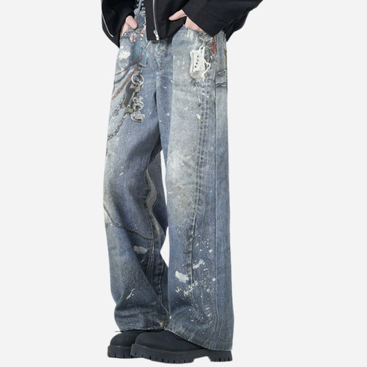 Men’s 3D Graffiti Keychain Print Jeans Y2K Streetwear Baggy Straight Leg Denim