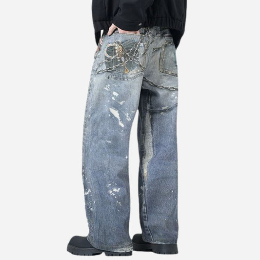 Men’s 3D Graffiti Keychain Print Jeans Y2K Streetwear Baggy Straight Leg Denim