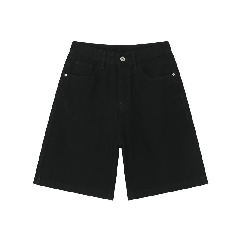 Men’s Baggy Jean Shorts Wide Leg Jorts Streetwear Hip Hop Denim Shorts in black, flat lay front