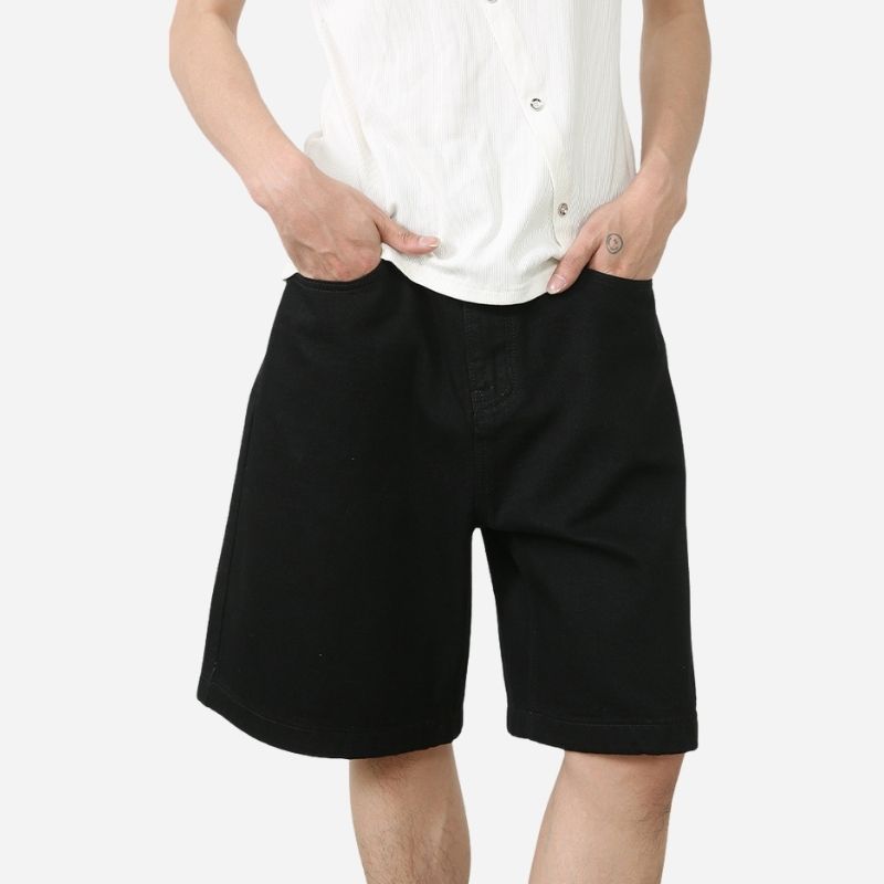 Men’s Baggy Jean Shorts Wide Leg Jorts Streetwear Hip Hop Denim Shorts in black, front view