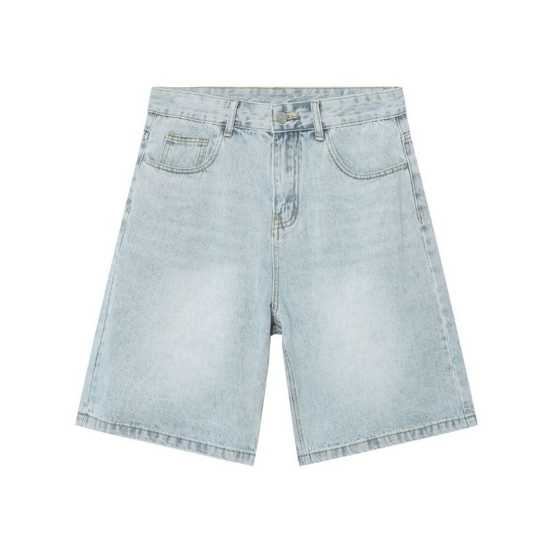 Men’s Baggy Jean Shorts Wide Leg Jorts Streetwear Hip Hop Denim Shorts in light blue, flat lay front