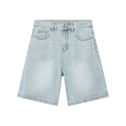 Men’s Baggy Jean Shorts Wide Leg Jorts Streetwear Hip Hop Denim Shorts in light blue, flat lay front