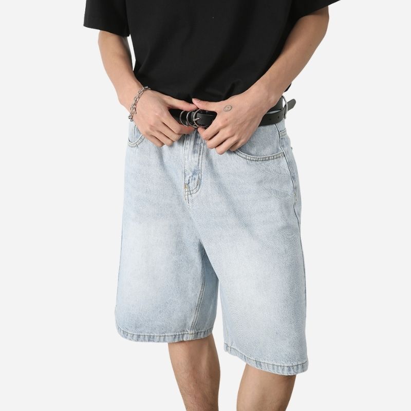 Men’s Baggy Jean Shorts Wide Leg Jorts Streetwear Hip Hop Denim Shorts in light blue, front view
