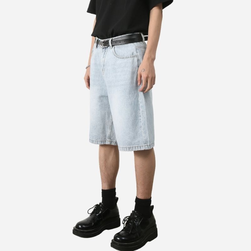 Men’s Baggy Jean Shorts Wide Leg Jorts Streetwear Hip Hop Denim Shorts in light blue, side view