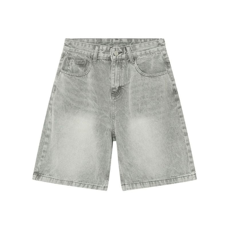 Men’s Baggy Jean Shorts Wide Leg Jorts Streetwear Hip Hop Denim Shorts in grey, flat lay front