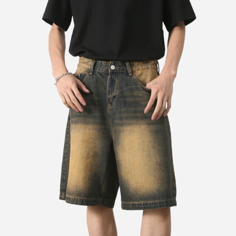 Men’s Baggy Jean Shorts Wide Leg Jorts Streetwear Hip Hop Denim Shorts, front view