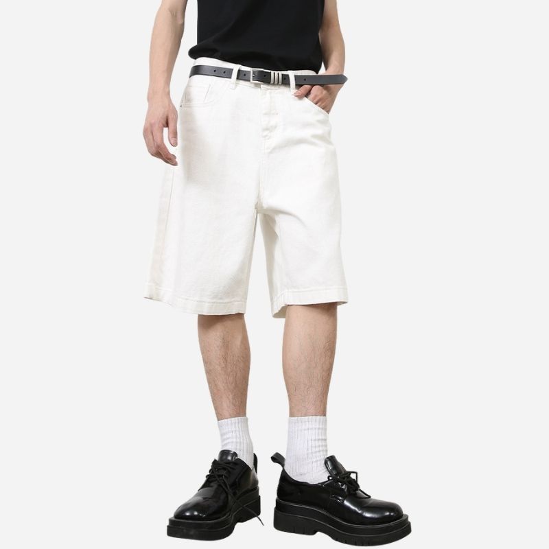 Men’s Baggy Jean Shorts Wide Leg Jorts Streetwear Hip Hop Denim Shorts in white, front view