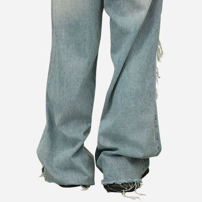 Men's baggy jeans y2k ripped wide leg denim pants hip hop streetwear, hem details
