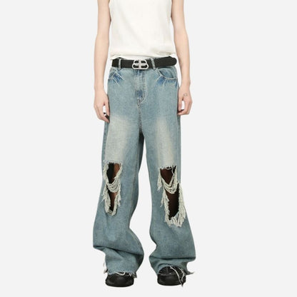 Men's baggy jeans y2k ripped wide leg denim pants hip hop streetwear, front view