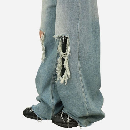 Men's baggy jeans y2k ripped wide leg distressed denim pants hip hop streetwear, hem details