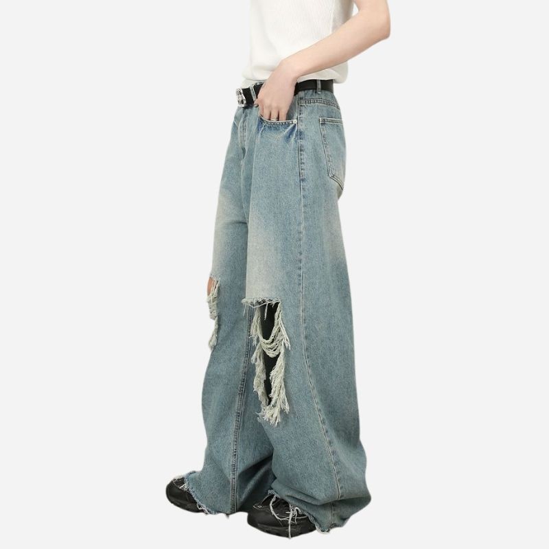 Men's baggy jeans y2k ripped wide leg distressed denim pants hip hop streetwear, side  view
