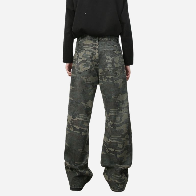 Men's baggy jeans y2k ripped wide leg distressed denim pants hip hop streetwear in green, back view