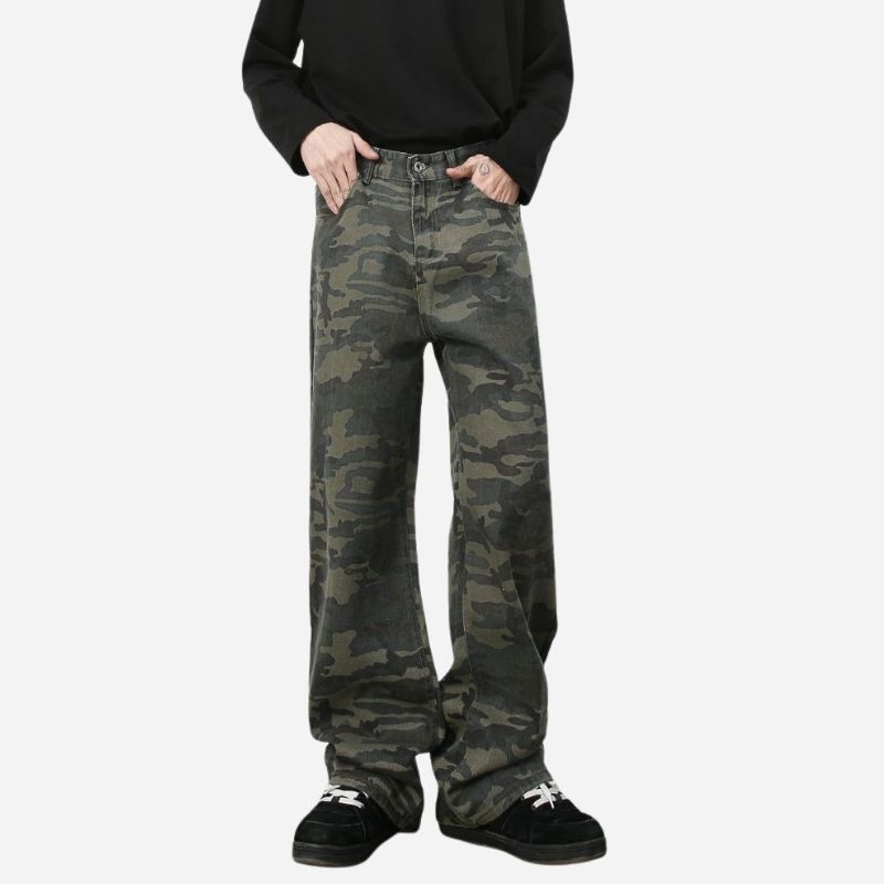 Men's baggy jeans y2k ripped wide leg distressed denim pants hip hop streetwear in green, front view