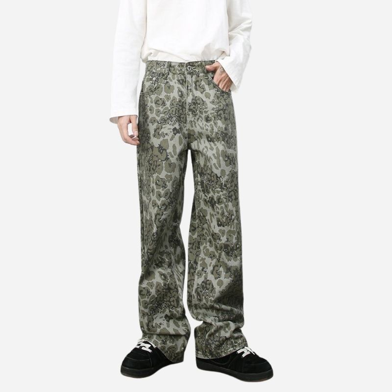 Men's baggy jeans y2k ripped wide leg distressed denim pants hip hop streetwear in grey, front view