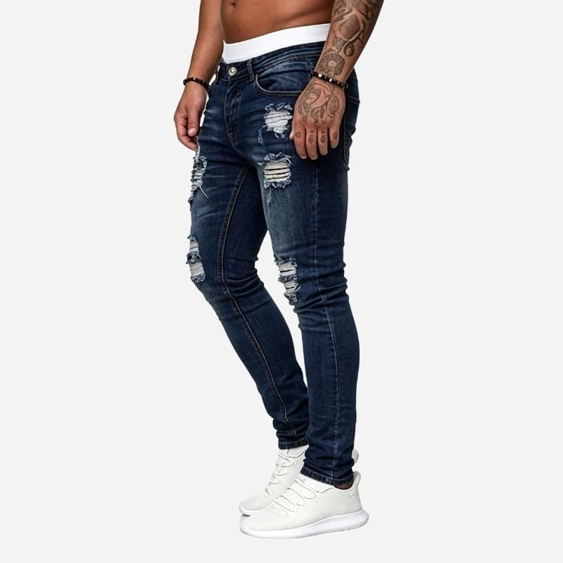 Men's ripped jeans stretch slim fit skinny denim pants in navy, side view