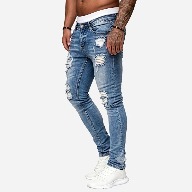 Men's ripped jeans stretch slim fit skinny denim pants in light blue, side view