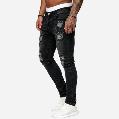 Men's ripped jeans stretch slim fit skinny denim pants in black, side view