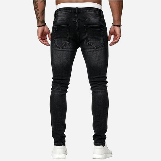 Men's ripped jeans stretch slim fit skinny denim pants in black, back view