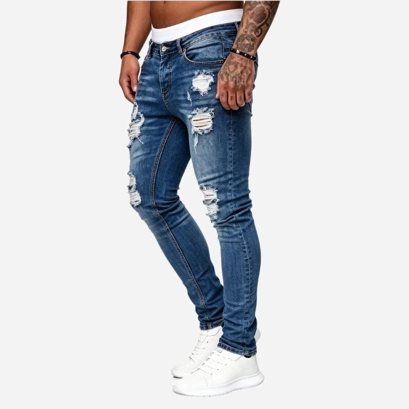 Men's ripped jeans stretch slim fit skinny denim pants in blue, side view