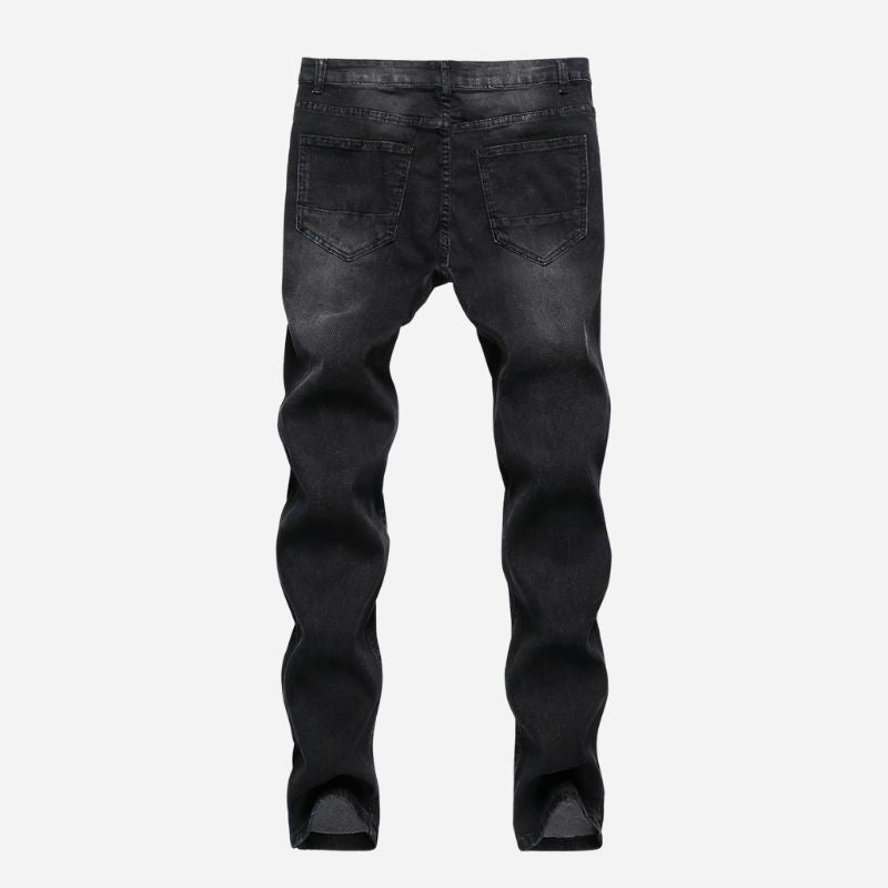 Men's Destroyed Ripped Jeans Stretch Slim Fit Skinny Denim Pants in black, back view