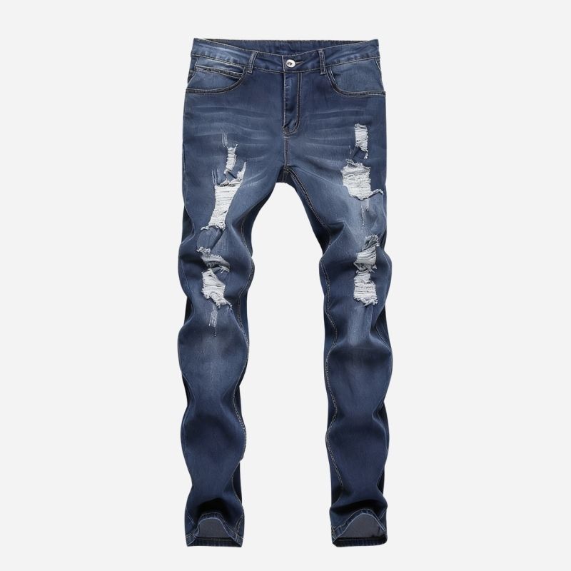 Men's Destroyed Ripped Jeans Stretch Slim Fit Skinny Denim Pants in blue, flat lay front