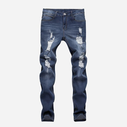 Men's Destroyed Ripped Jeans Stretch Slim Fit Skinny Denim Pants in blue, flat lay front