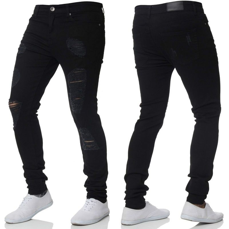 Men's Distressed Ripped Skinny Jeans Straight Leg Denim Pants in black