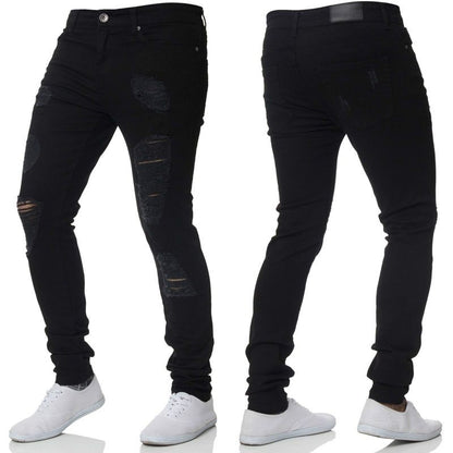 Men's Distressed Ripped Skinny Jeans Straight Leg Denim Pants in black