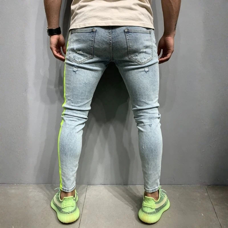 men's distressed skinny jeans with side stripes in gray, back view