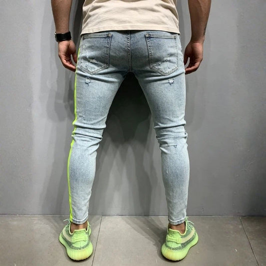 men's distressed skinny jeans with side stripes in gray, back view