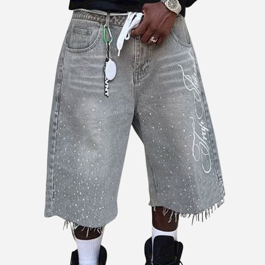 Men's Jeans Shorts  Graphic Printed Raw Trim Baggy Straight Leg Denim Jorts