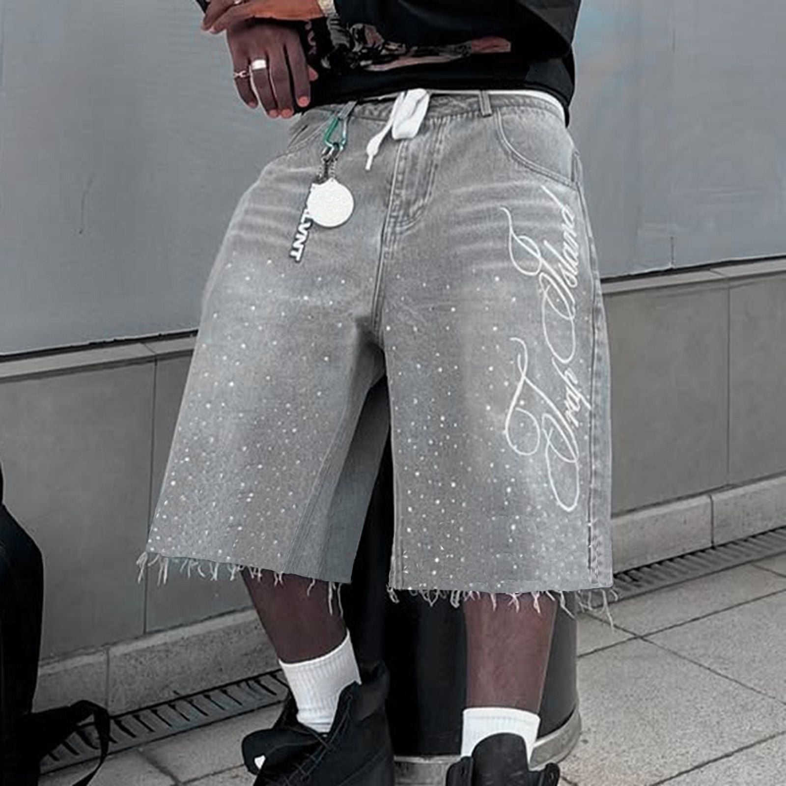 Men's Jeans Shorts Graphic Printed Raw Trim Baggy Denim in grey, front view